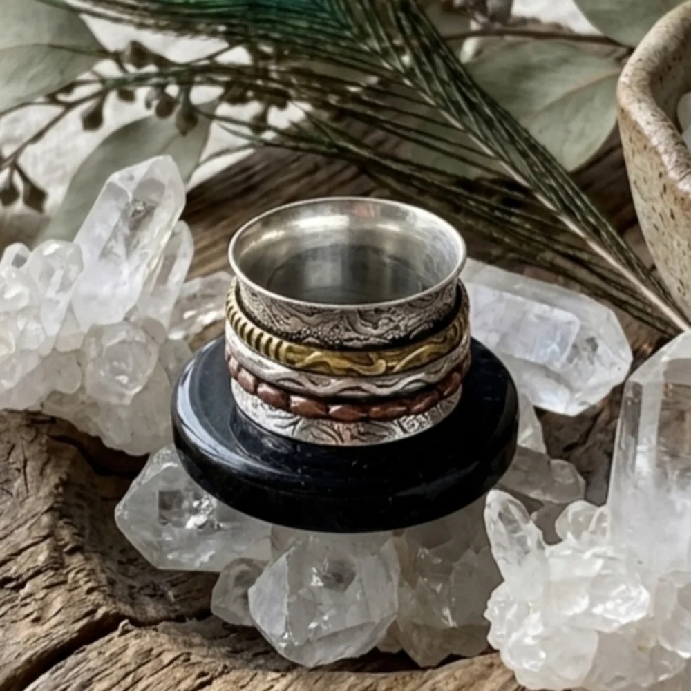 925 Sterling Silver Spinner Ring Brass Copper Mixed Metal Meditation Boho Sz 7.5